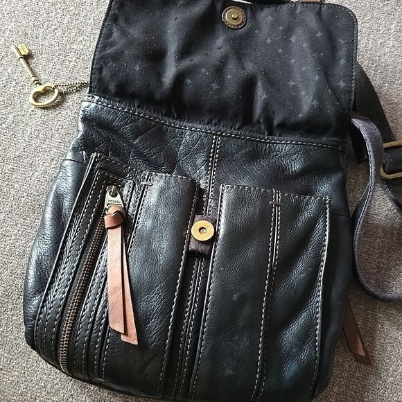 Fossil Morgan Handbag Traveler Pebble Black Topzip Leather Crossbody Messenger - Picture 7 of 16